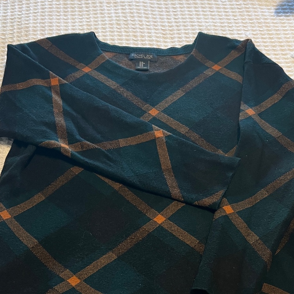 Rachel Zoe Teal Plaid Crewneck Sweater with Rust Grid